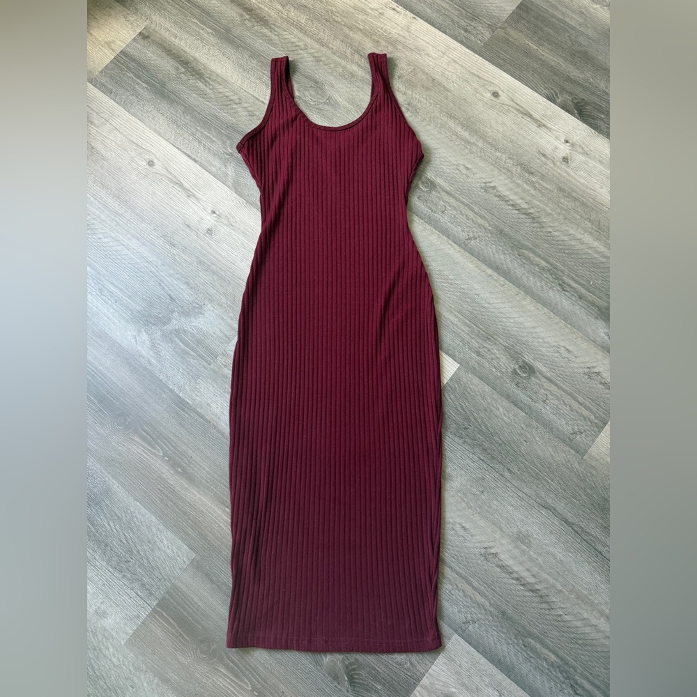 Ribbed Midi Tank Dress Flattering Bodycon Wine Merlot Stretch Small - Picture 4 of 11